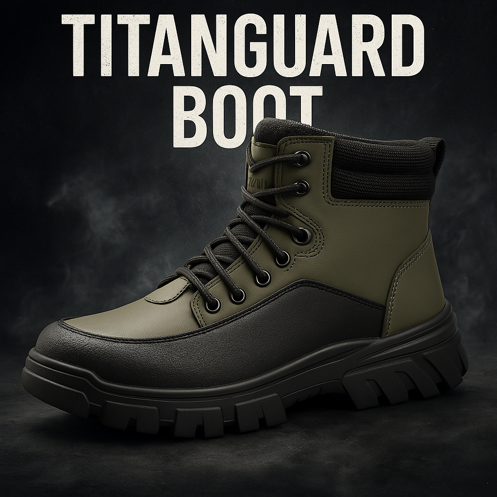 HighPeak TitanGuard safety boot in olive green and black with rugged sole design on dark background with dramatic lighting