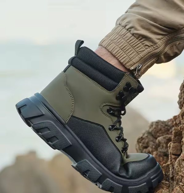 HighPeak TitanGuard safety boot in olive green and black with rugged sole, shown on rocky terrain outdoors