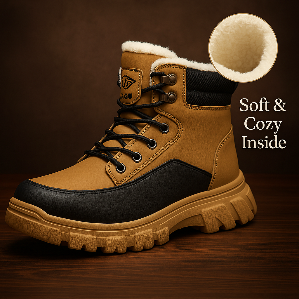 HighPeak TitanGuard safety boot in tan and black with sherpa lining and rugged sole - showcasing winter-ready comfort design