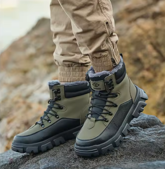 HighPeak TitanGuard safety boots in olive green with black soles and fur lining on rocky terrain - rugged outdoor protection