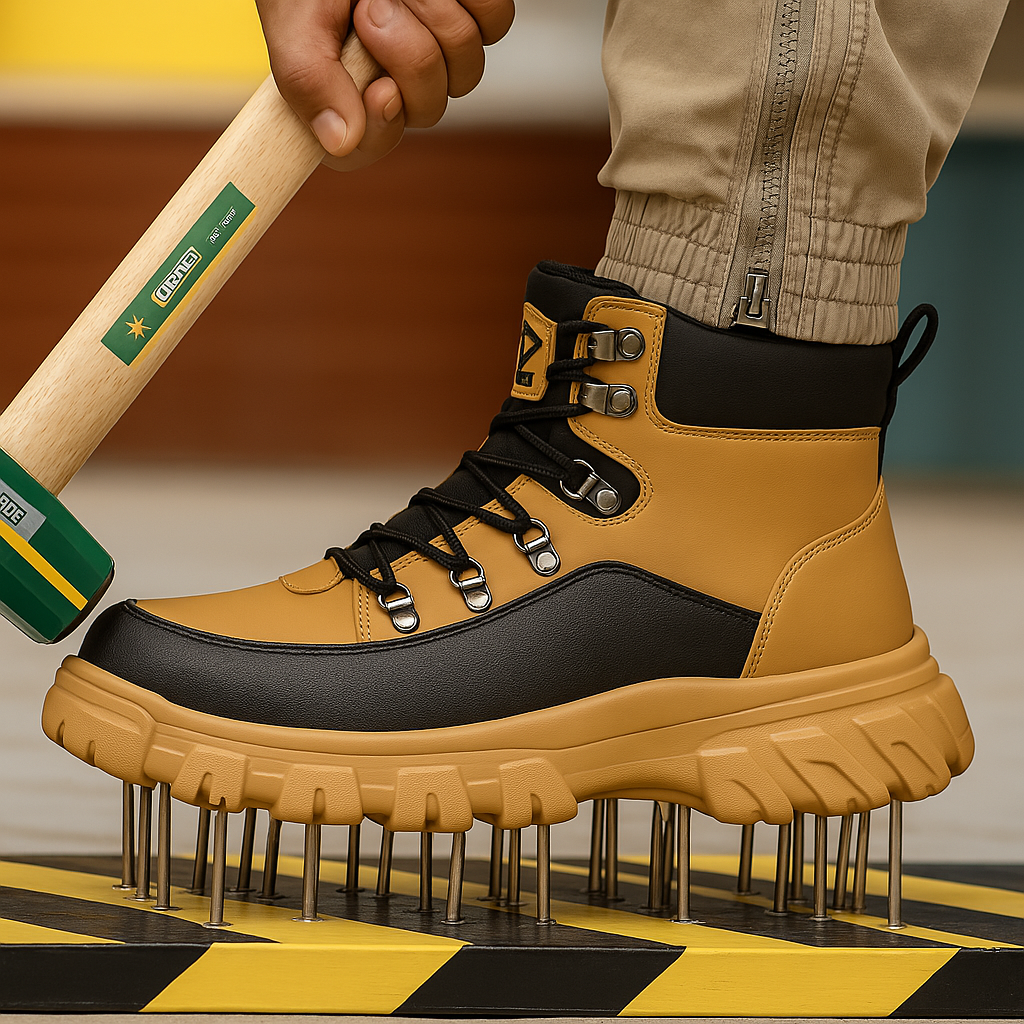 HighPeak TitanGuard safety boots in tan and black demonstrating nail-resistant sole on testing platform with steel nails