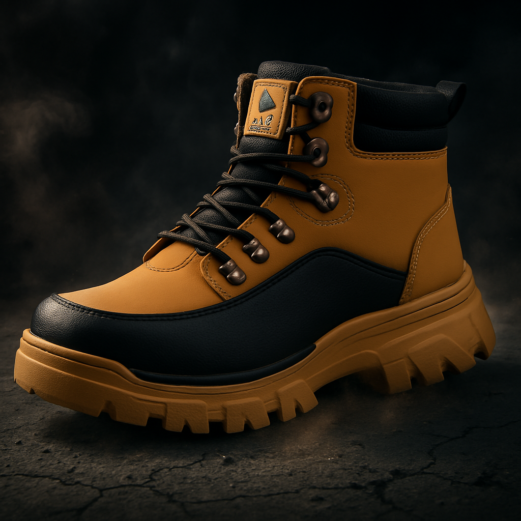 HighPeak TitanGuard safety boots in tan and black leather with rugged sole design on dark background - industrial style