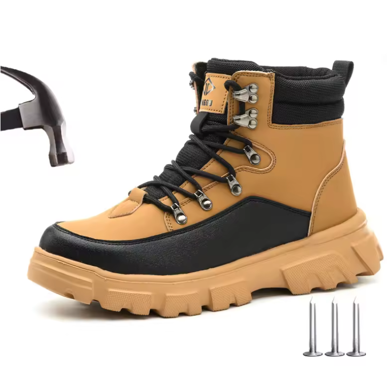 HighPeak TitanGuard safety boots in tan and black with steel toe, rugged sole, and hiking-style lacing on white background
