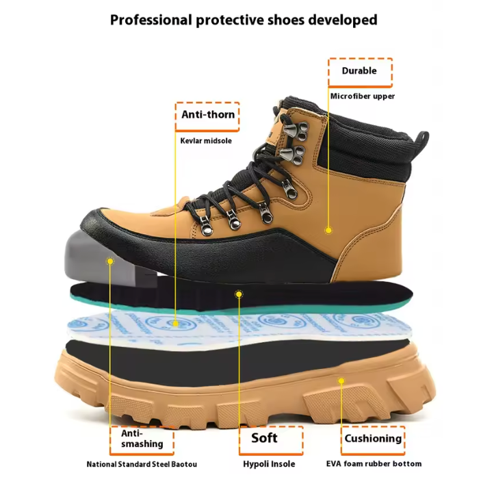 HighPeak TitanGuard safety boots in tan leather with steel toe, cushioned sole and protective features - technical diagram view