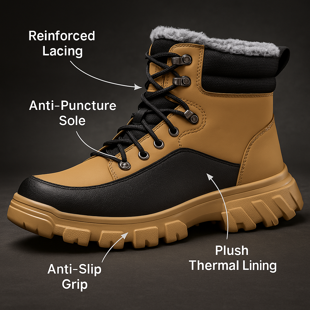 HighPeak TitanGuard safety boots in tan with thermal lining, reinforced lacing, anti-slip grip sole and protective features