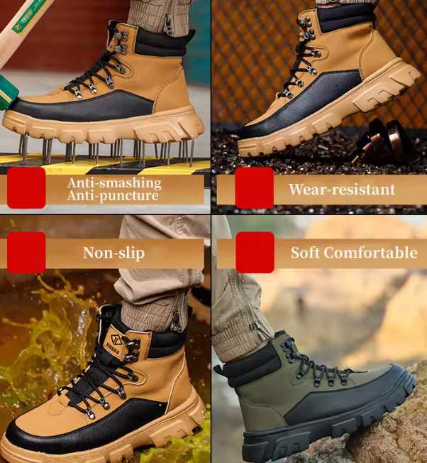 HighPeak TitanGuard steel toe boots in tan and black with rugged sole design - showcasing safety and comfort features
