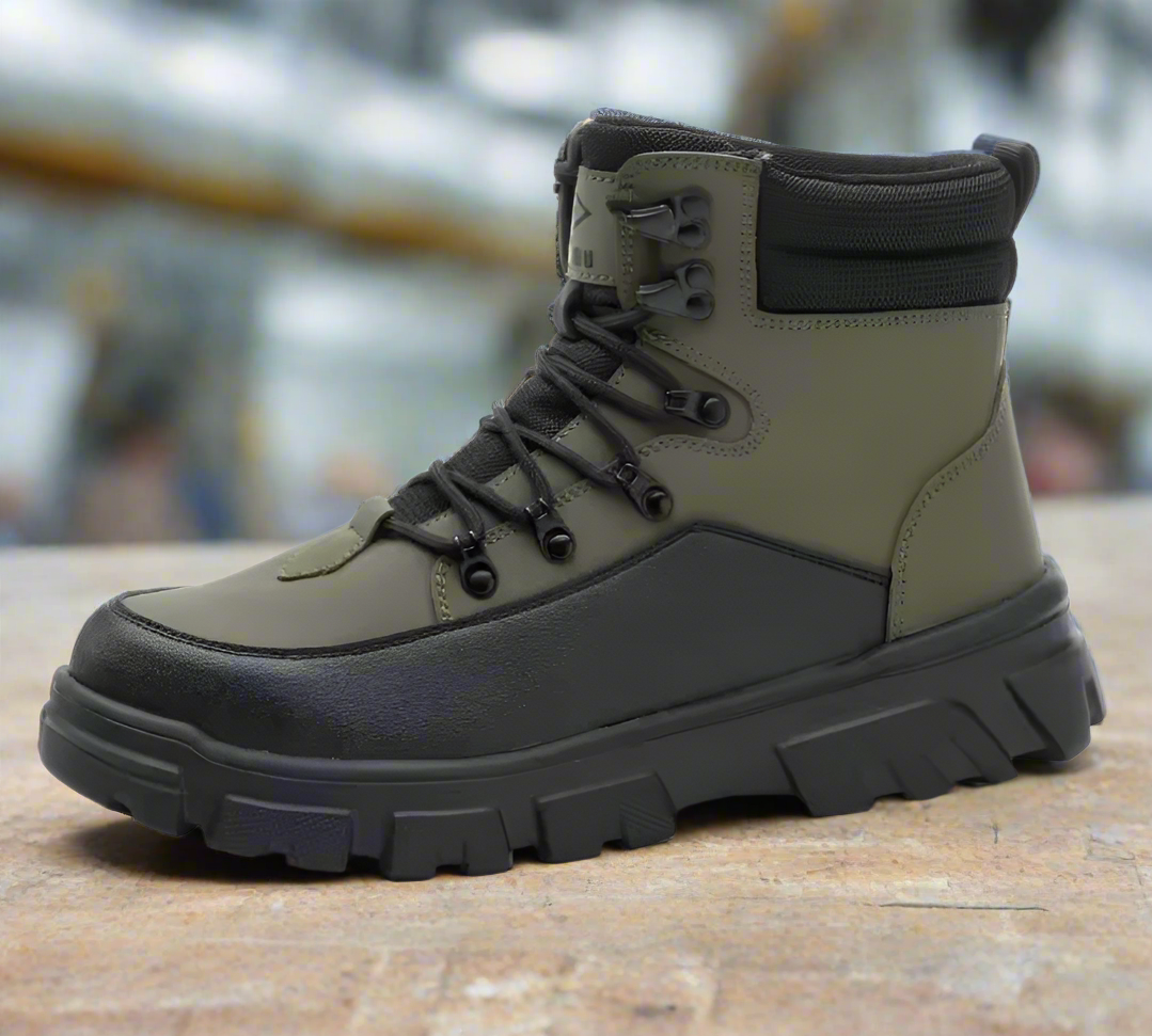 HighPeak TitanGuard steel toe safety boot in olive green with black rugged sole and padded collar - work protection gear