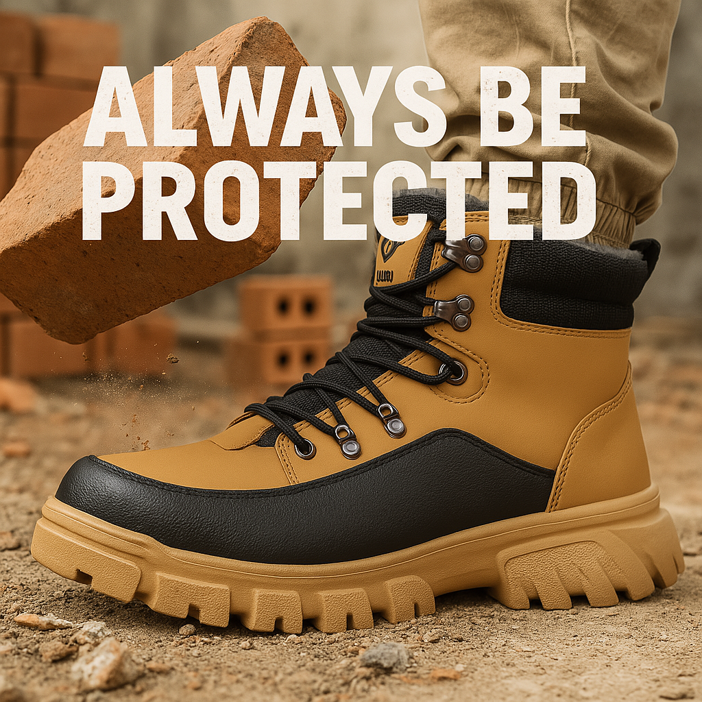 HighPeak TitanGuard tan and black steel toe work boots on construction site with rugged sole and protective design