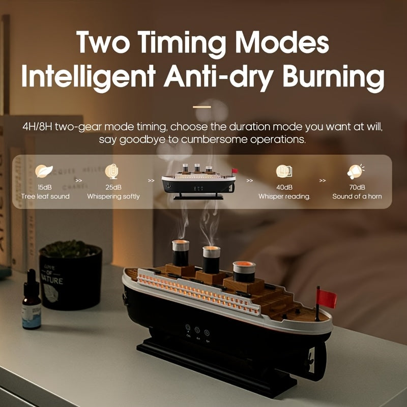 HighPeak TitanicMist ship-shaped diffuser with steam effect displayed on desk - features timing modes and anti-dry technology