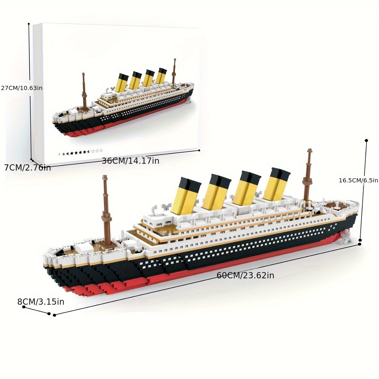HighPeak Titanic Building Block Set displayed in white box with completed model showing detailed scale ship with yellow funnels