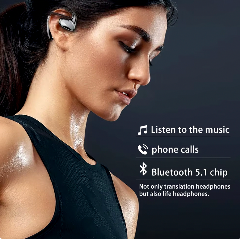 HighPeak Translation Pods in silver worn by person in black athletic wear showcasing Bluetooth and translation features in use