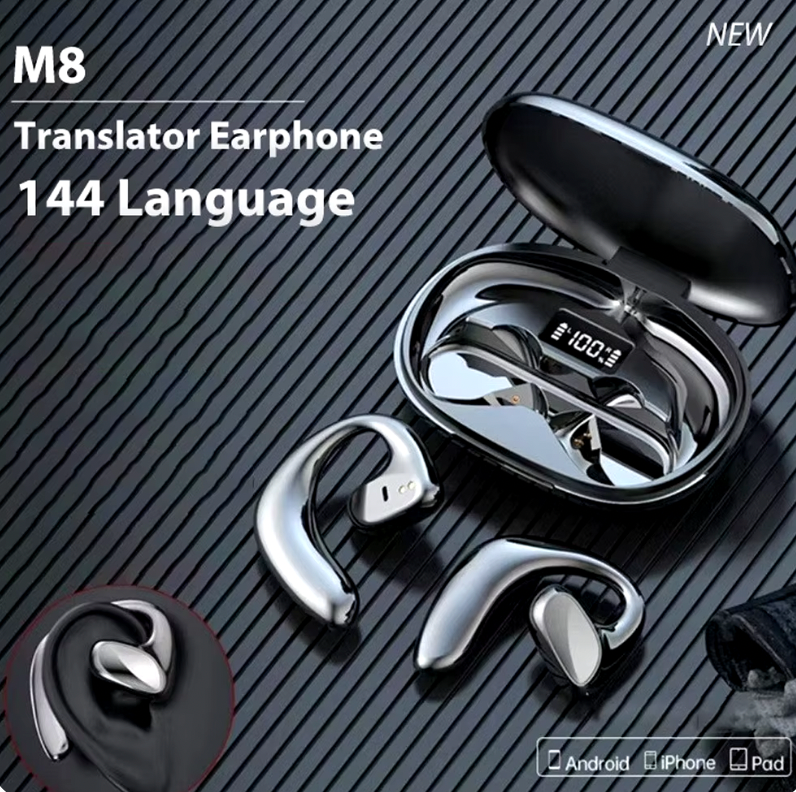 HighPeak Translation Pods in sleek black case with wireless earbuds, LED display showing charging dock and language settings