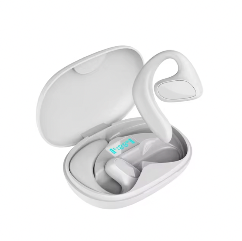 HighPeak Translation Pods in white with wireless earbuds and charging case featuring blue LED display - language translator tech