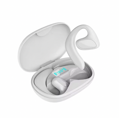 HighPeak Translation Pods in white with wireless earbuds and charging case featuring blue LED display - language translator tech