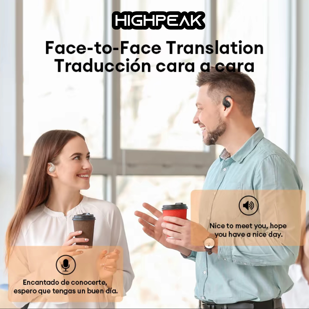 HighPeak Translation Pods shown in real-time conversation between two people with coffee cups and translation overlay display