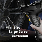 HighPeak TurboCharge digital tire inflator shown inflating black car wheel - compact handheld design with LED display