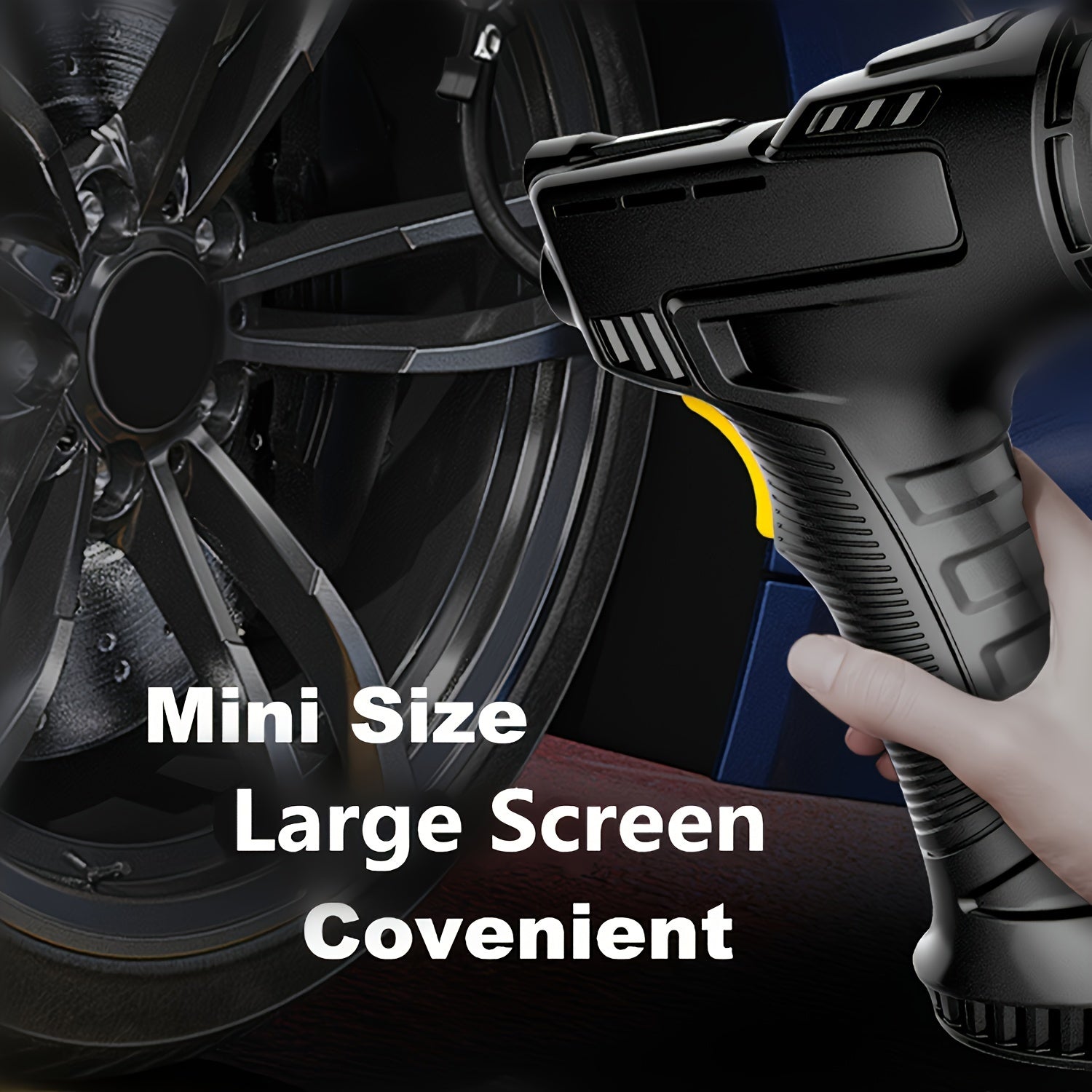 HighPeak TurboCharge digital tire inflator shown inflating black car wheel - compact handheld design with LED display