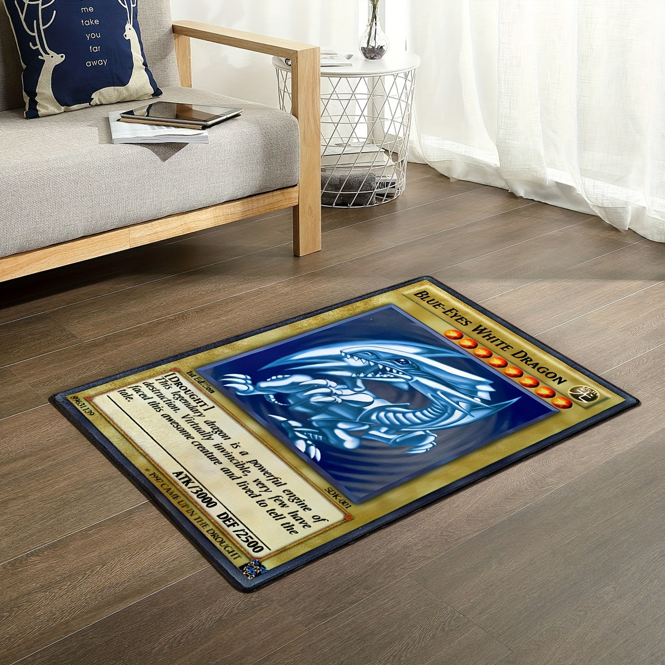HighPeak Ultimate Anime Gaming Rug featuring Blue-Eyes White Dragon trading card design on hardwood floor near modern furniture