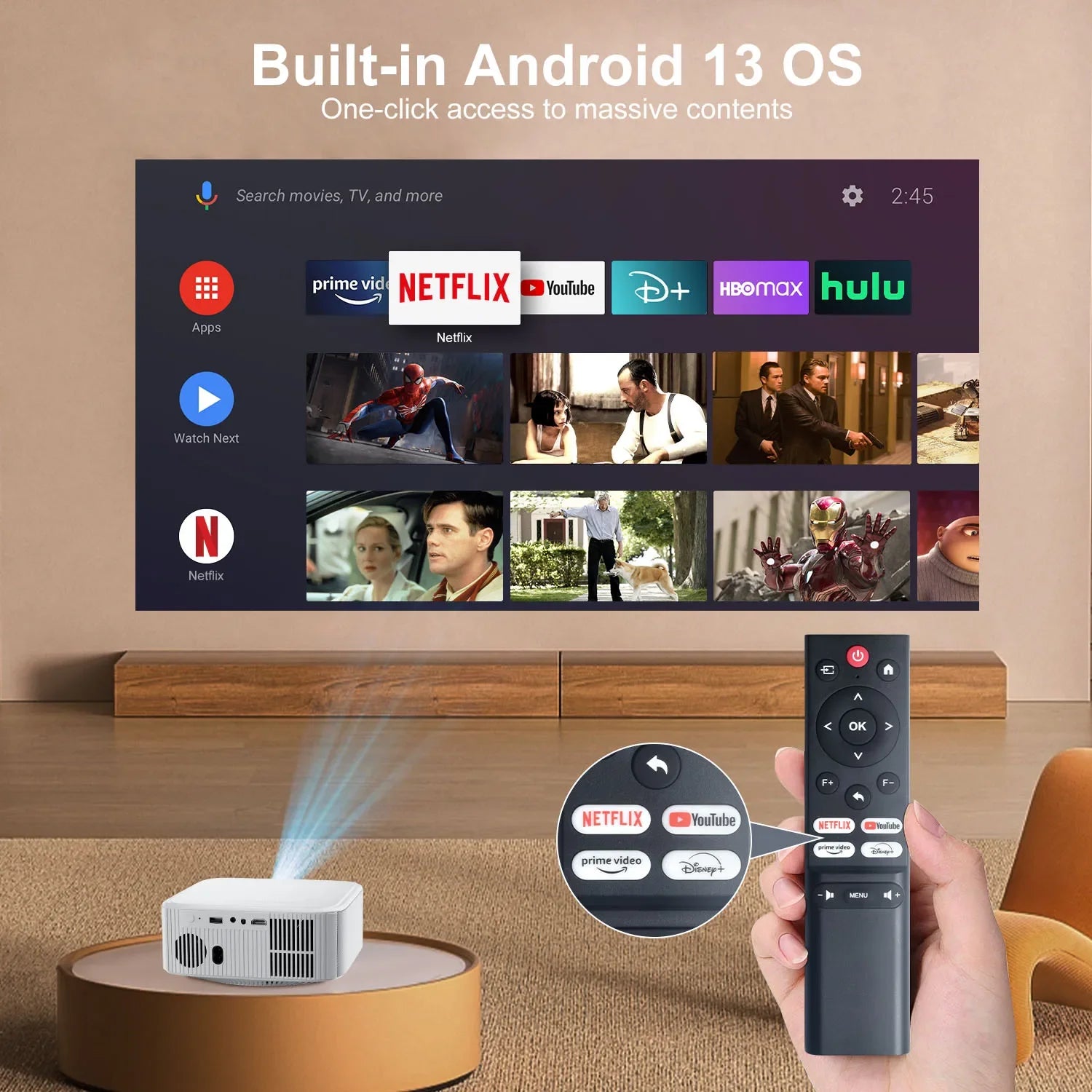 HighPeak Ultra X Projector displaying Android 13 interface with streaming apps on wall - compact smart projector with remote control