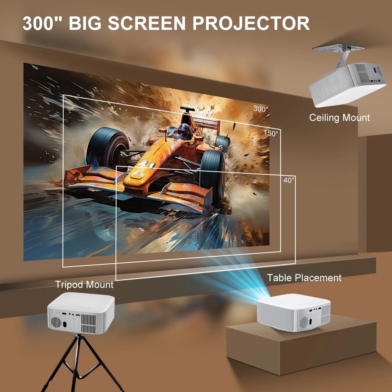 HighPeak Ultra X Projector displaying F1 racing scene on 300-inch screen with ceiling and tripod mount options shown