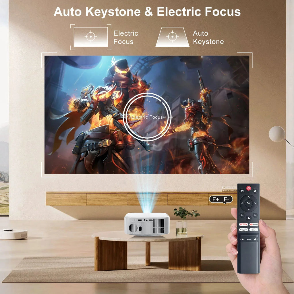 HighPeak Ultra X Projector displaying game content with auto keystone and electric focus features in modern living room setup