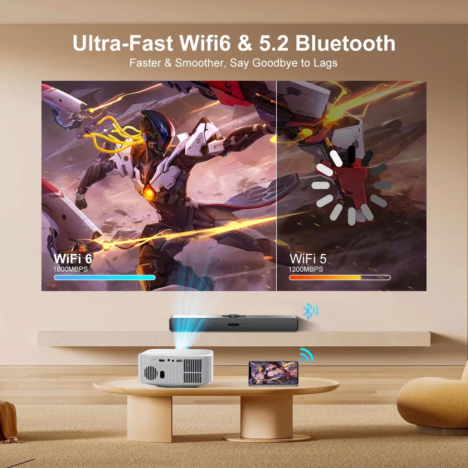 HighPeak Ultra X Projector displaying gaming scene on wall with WiFi6 connectivity features in modern living space