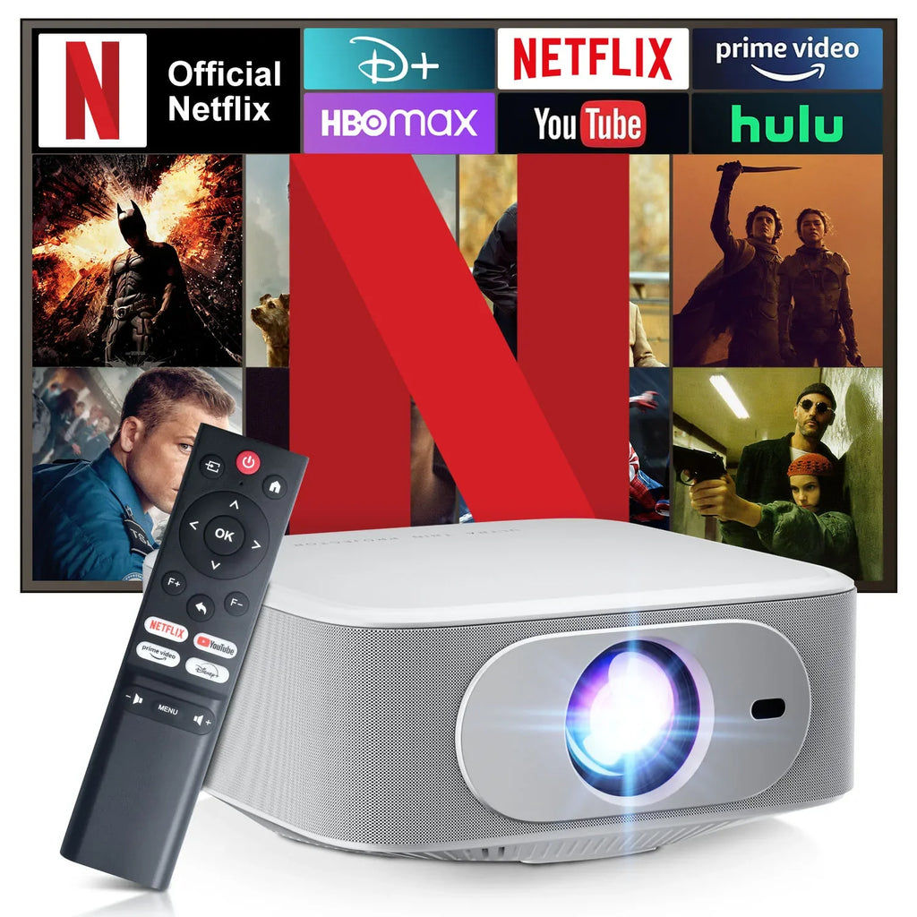 HighPeak Ultra X Projector in silver with streaming apps interface, remote control and bright blue projection lens display