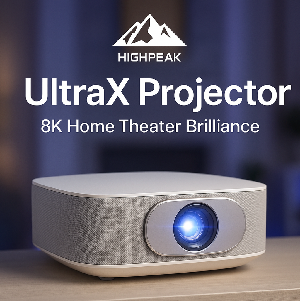 HighPeak Ultra X Projector in sleek silver design with blue lens illumination displaying home theater brilliance