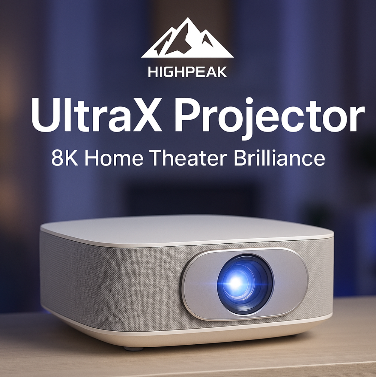 HighPeak Ultra X Projector in sleek silver design with blue lens illumination displaying home theater brilliance