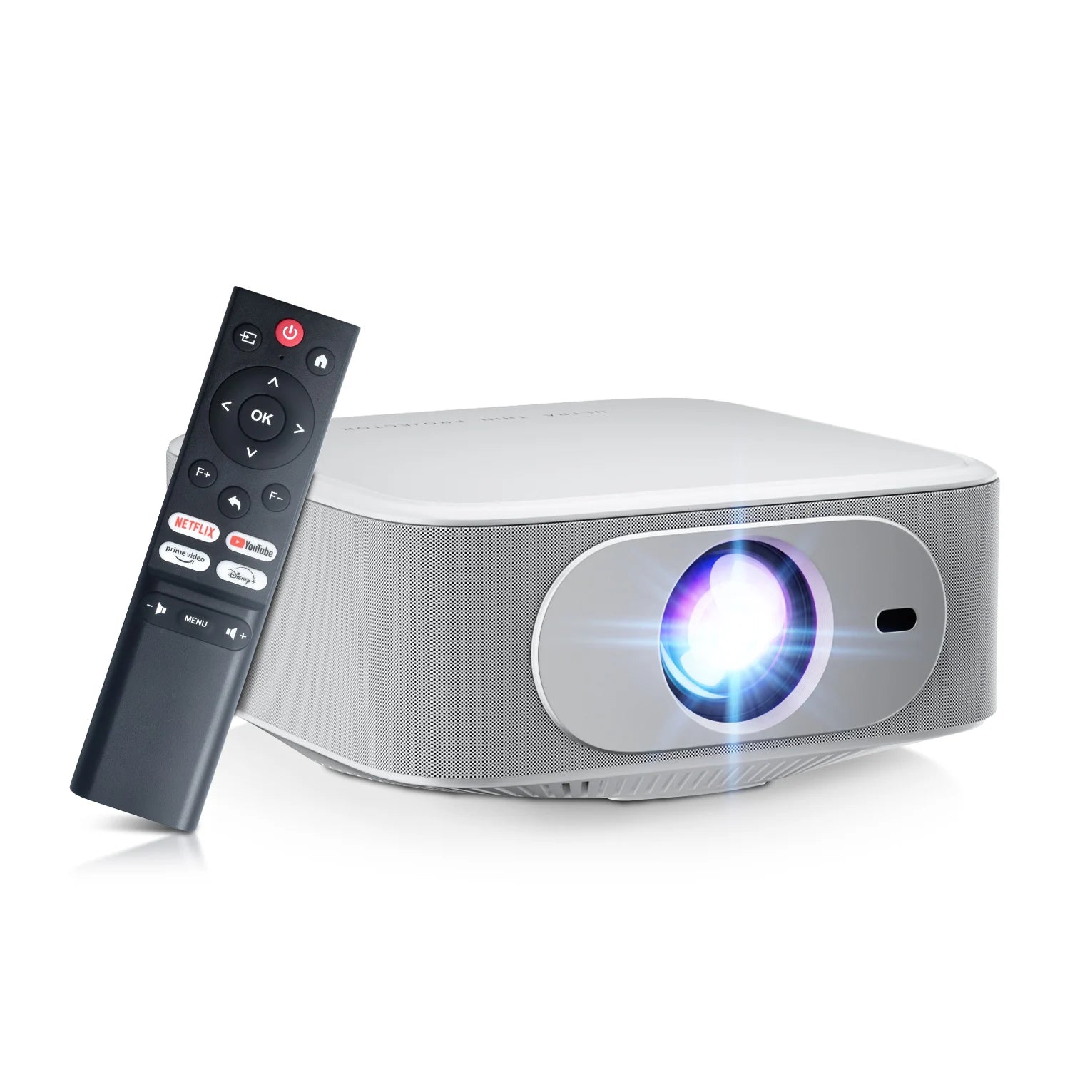 HighPeak Ultra X Projector in sleek silver design with bright blue LED lens and remote control - modern home theater setup