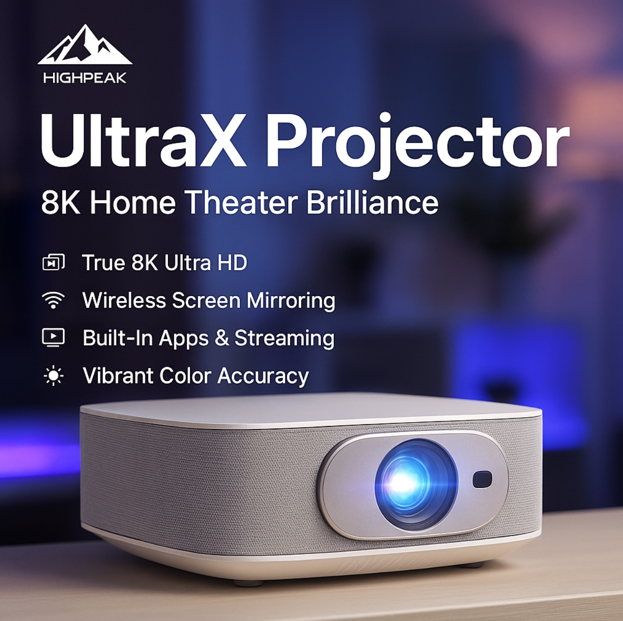 HighPeak Ultra X projector displaying bright blue lens glow with modern silver design on ambient-lit entertainment setup