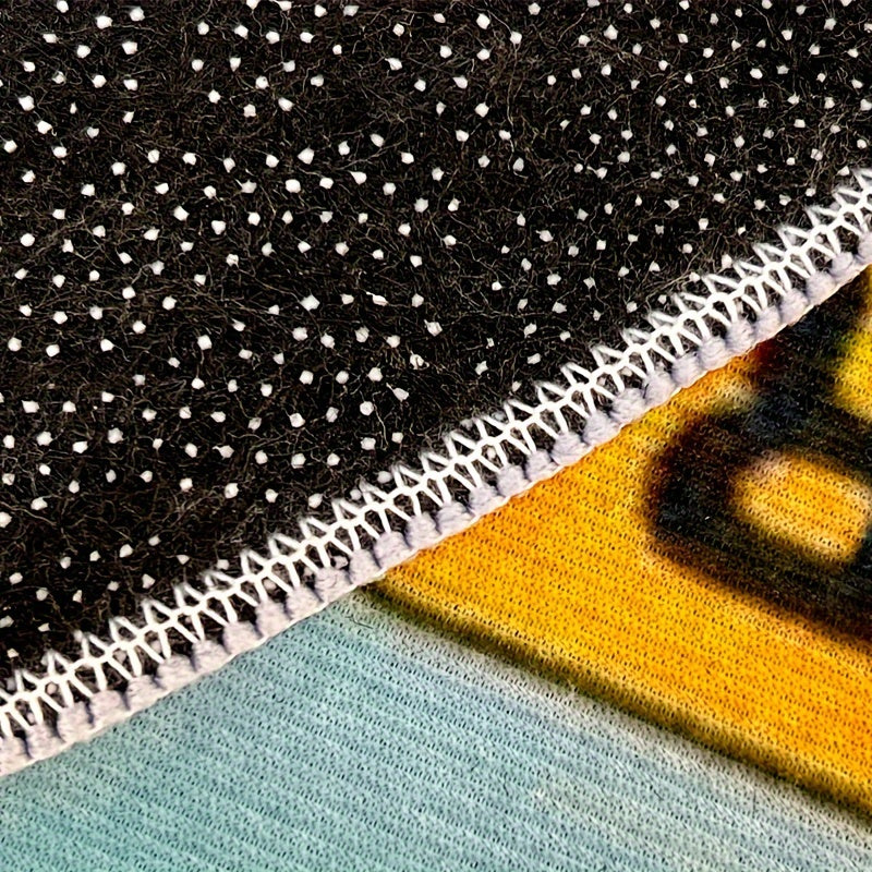 HighPeak ViceCity Disc Rug close-up texture detail showing black starry pattern with white overlock stitching and vibrant gaming design