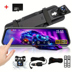 HighPeak VisionDrive 4K UHD touchscreen rearview mirror dash cam with dual cameras and SD card displayed in car setup