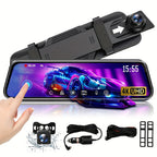 HighPeak VisionDrive Dash Cam with 4K touchscreen display and dual cameras mounted on rearview mirror in black finish