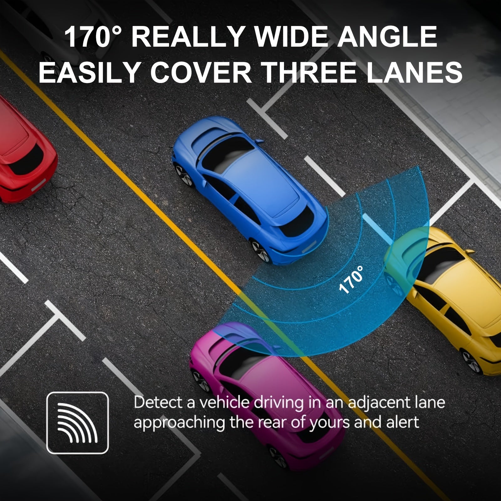 HighPeak VisionDrive dash cam displaying 170-degree wide-angle view of highway lanes with blind spot detection visualization
