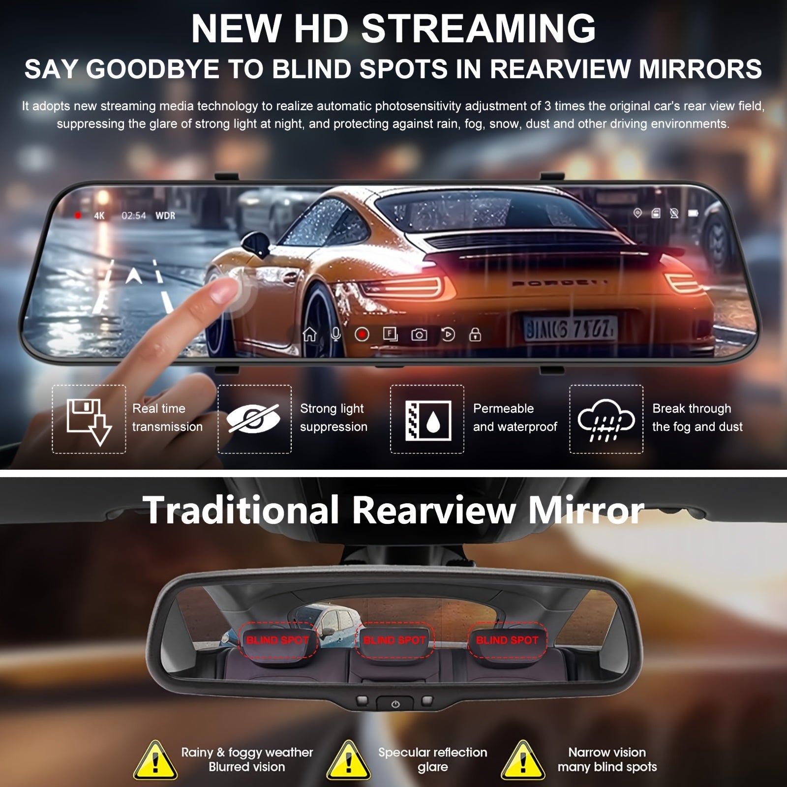 HighPeak VisionDrive dash cam rearview mirror display showing HD streaming interface with touch controls and night vision features