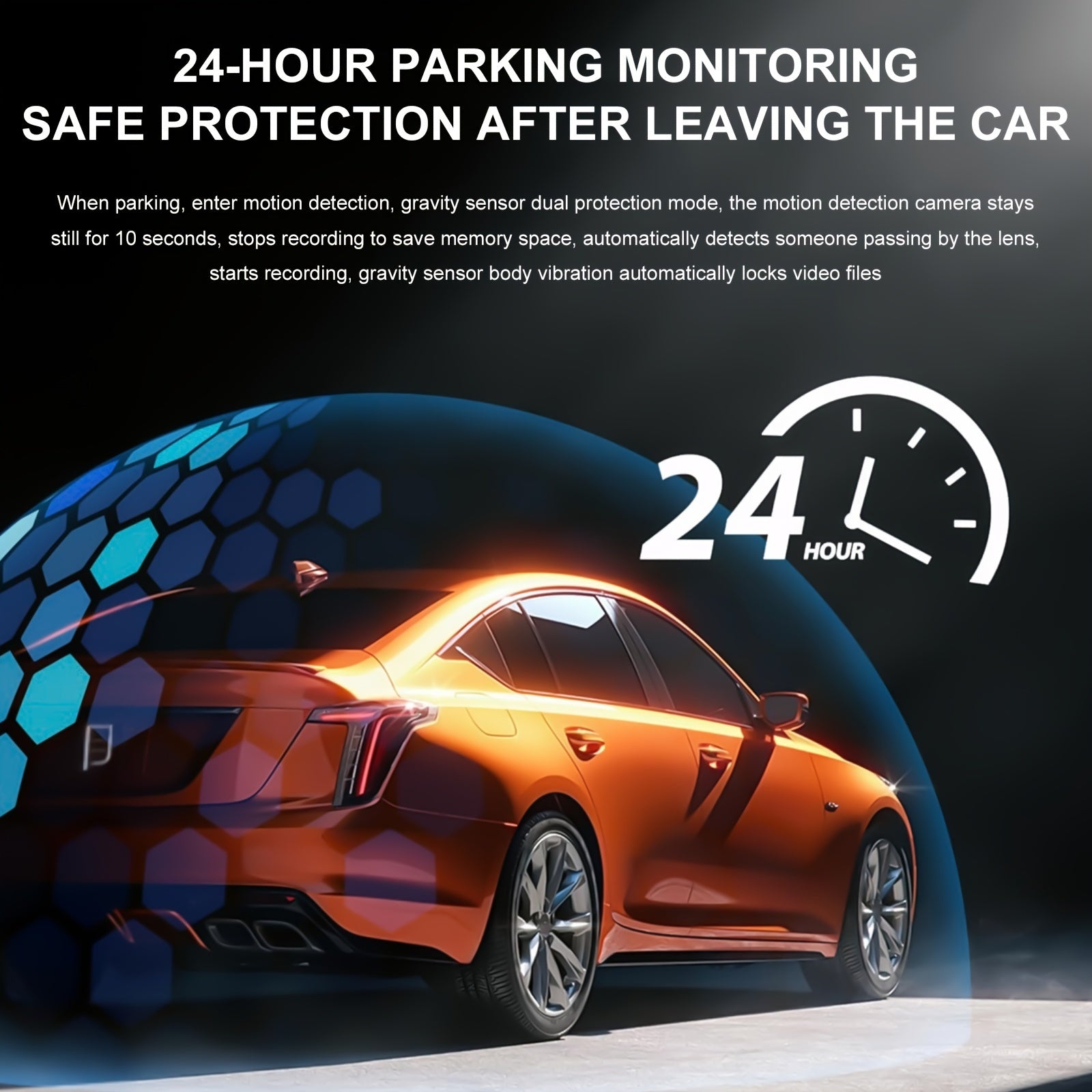 HighPeak VisionDrive dash cam shown with 24-hour parking monitoring feature, orange car under protective digital shield