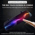 HighPeak VisionDrive dash cam with 10-inch IPS touchscreen display showing colorful interface on dark vehicle interior background