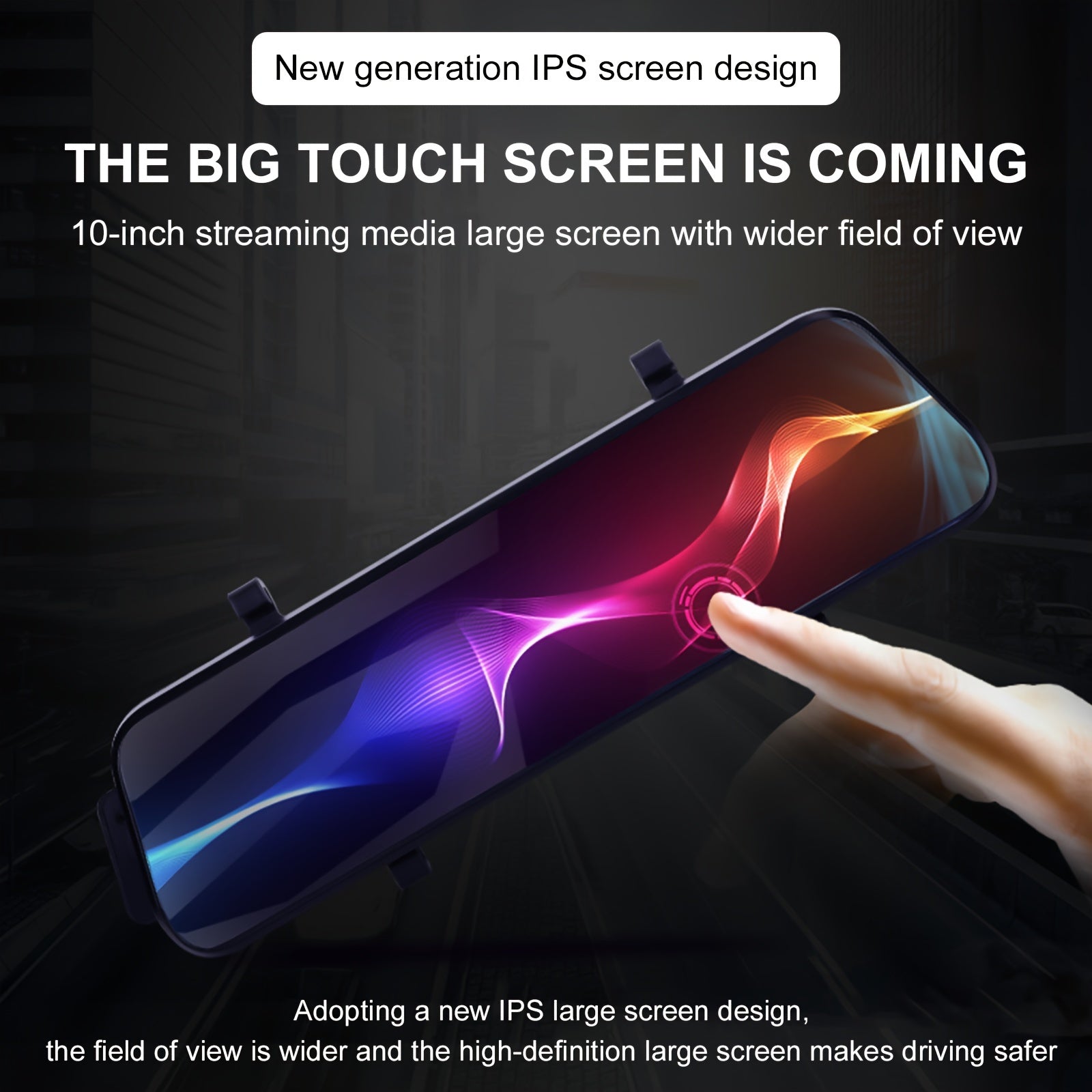 HighPeak VisionDrive dash cam with 10-inch IPS touchscreen display showing colorful interface on dark vehicle interior background