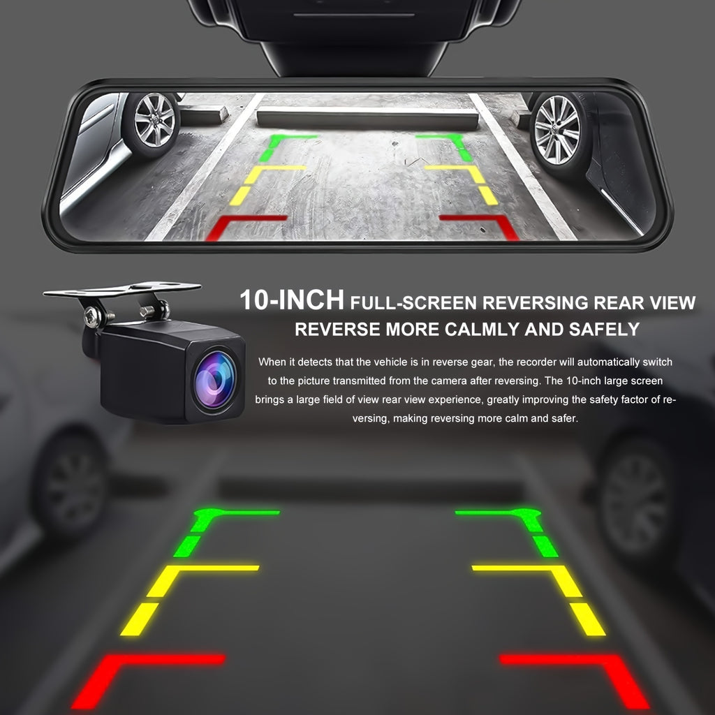 HighPeak VisionDrive dash cam with 10-inch reversing mirror display showing color-coded parking guidelines and rear camera view