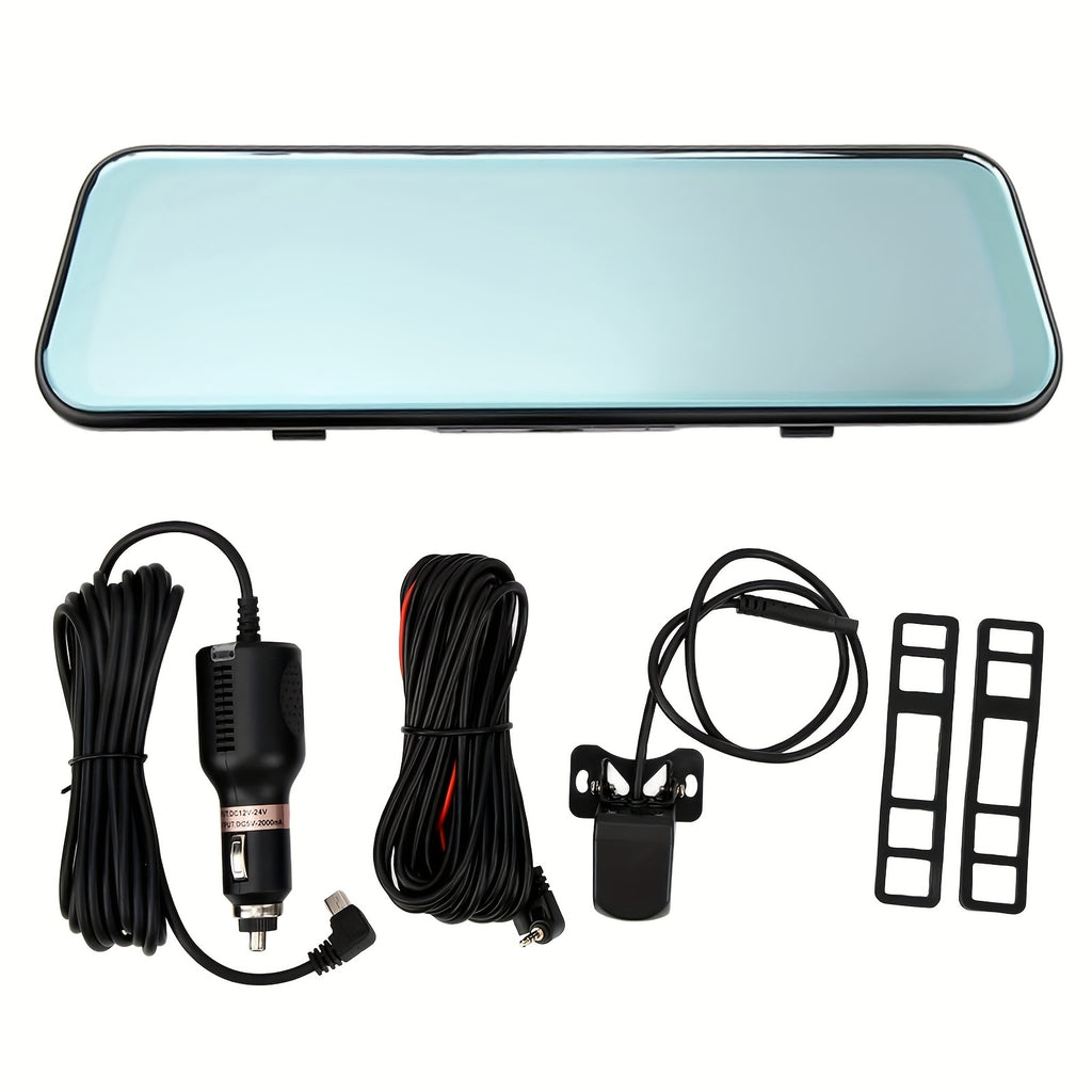 HighPeak VisionDrive dash cam with rearview mirror display and mounting accessories shown with power cables and brackets