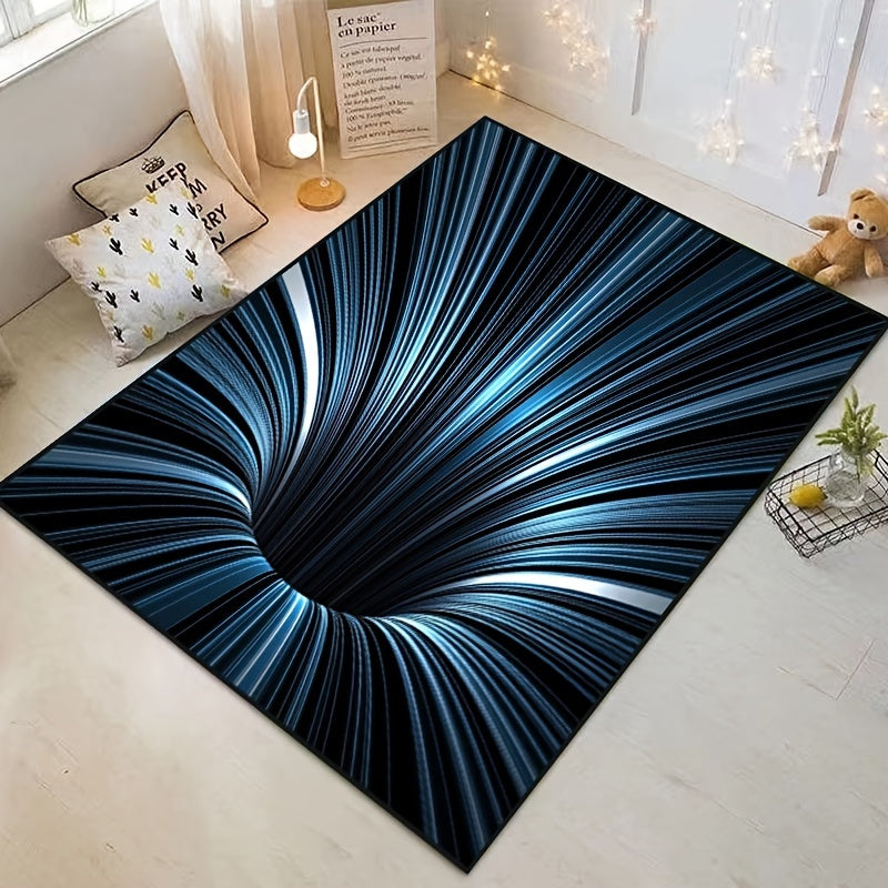 HighPeak VoidVortex 3D illusion rug featuring spiral black and blue vortex pattern displayed on white floor with ambient decor