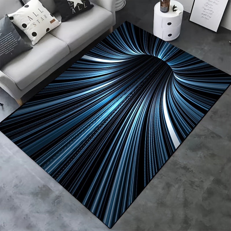 HighPeak VoidVortex 3D illusion rug featuring spiral black and blue vortex pattern on gray floor - modern optical design