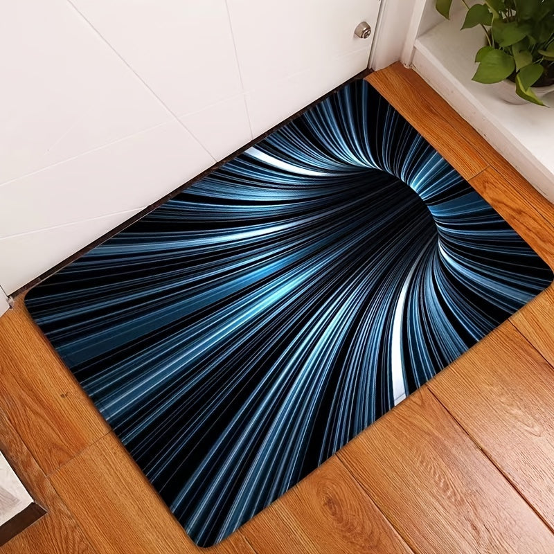 HighPeak VoidVortex 3D illusion rug featuring swirling blue and black vortex pattern on wooden floor near white wall