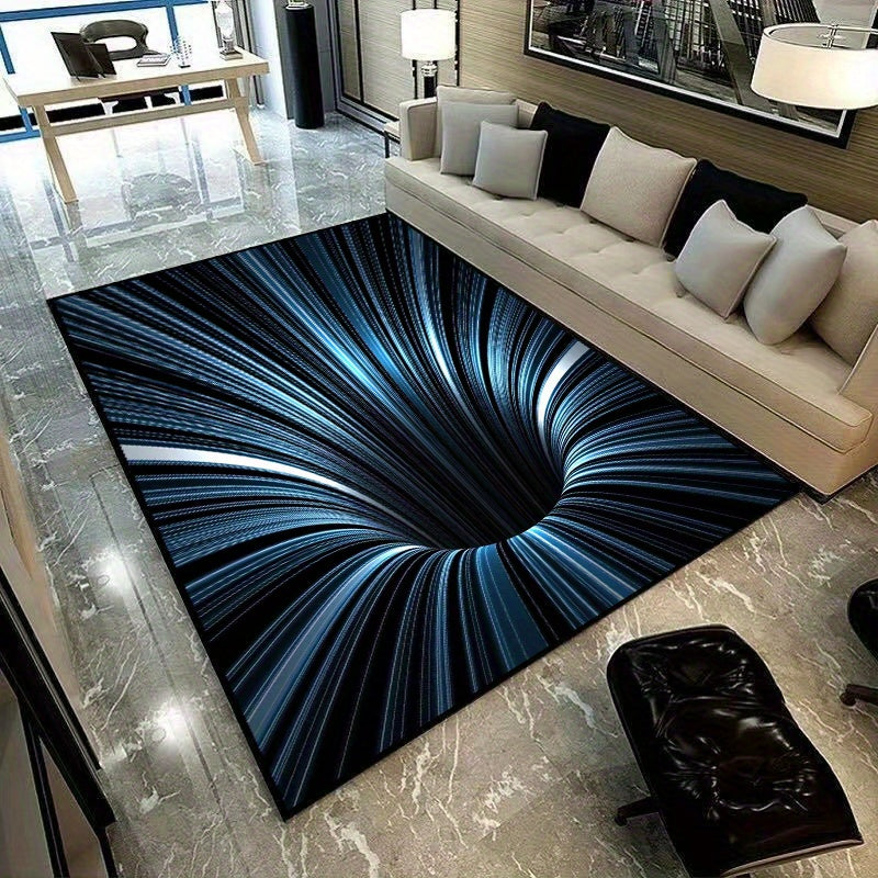 HighPeak VoidVortex 3D illusion rug with blue spiral vortex pattern on marble floor next to modern beige sofa