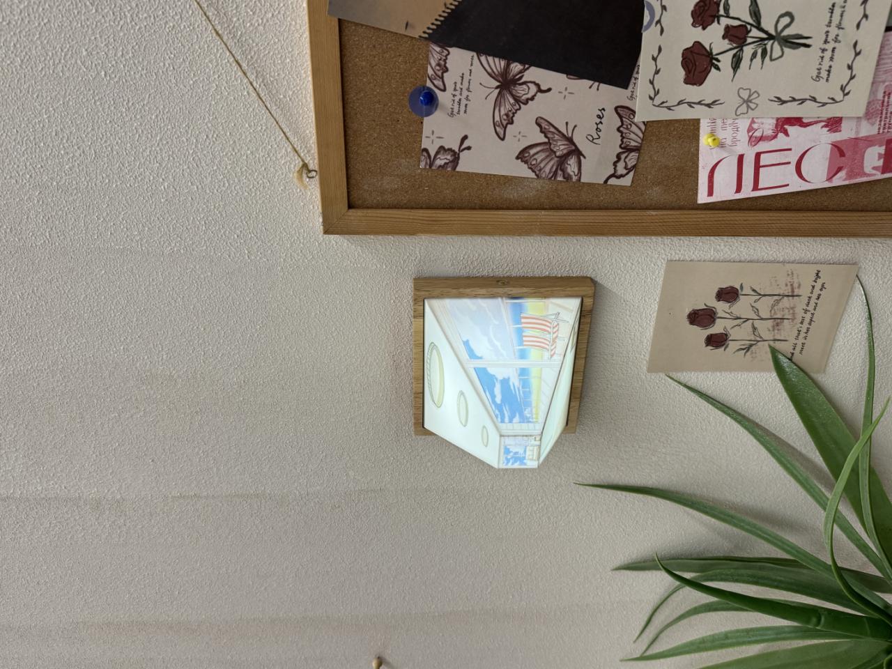 HighPeak Wallusion 3D optical illusion frame mounted on white wall next to plant, creating depth effect in wooden frame