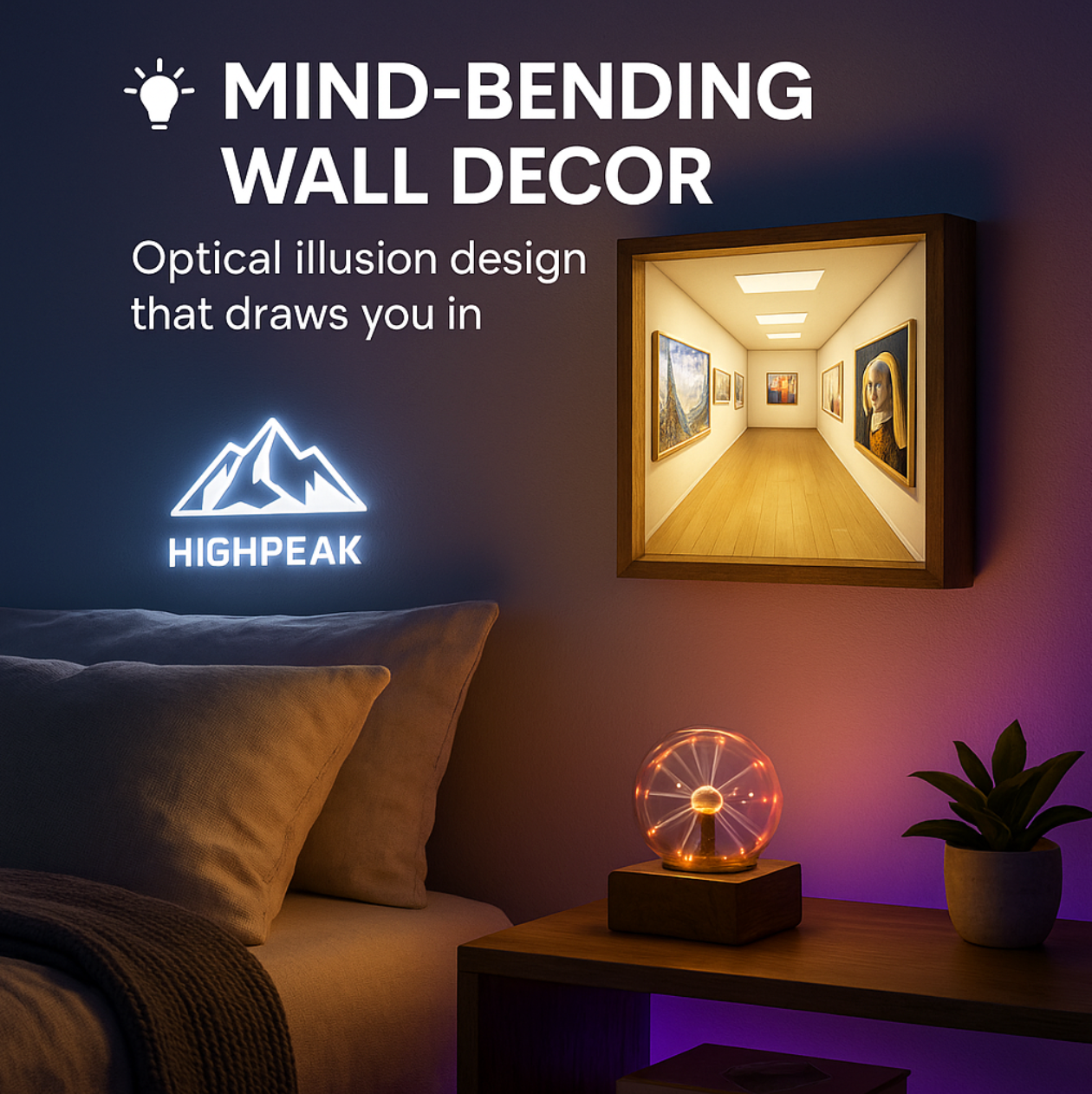 HighPeak Wallusion 3D optical illusion frame displaying art gallery corridor on warm-lit wall with plasma ball accent