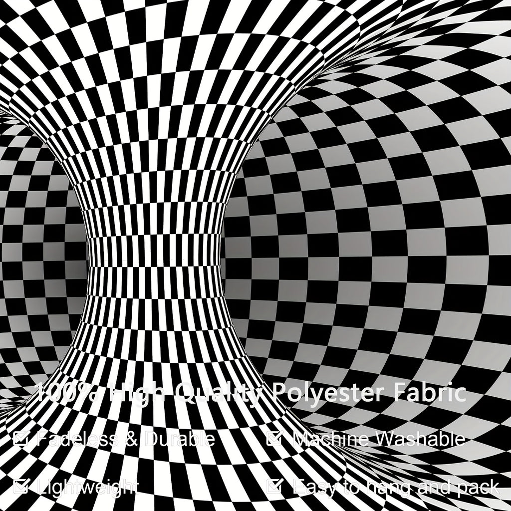 HighPeak WarpReality 3D optical illusion tapestry featuring black and white checkered vortex pattern creating mesmerizing depth effect