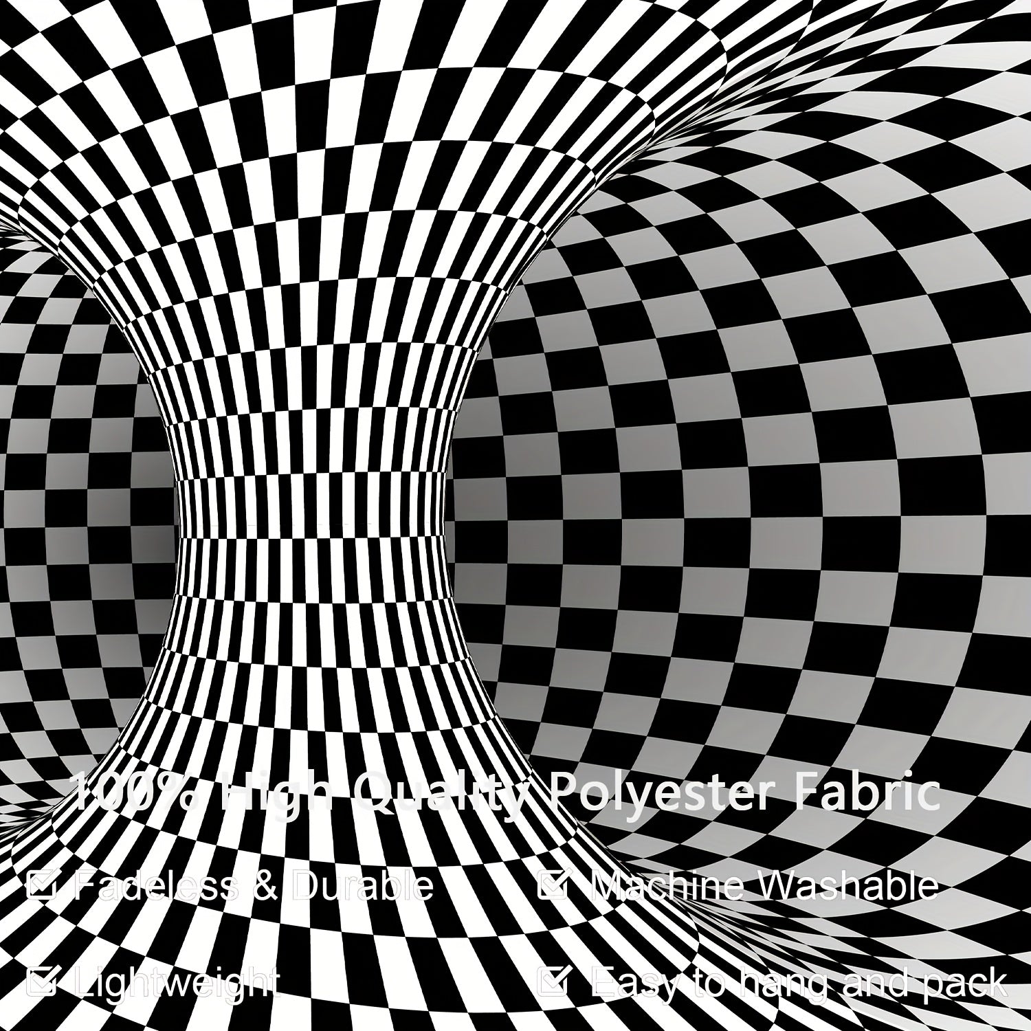 HighPeak WarpReality 3D optical illusion tapestry featuring black and white checkered vortex pattern creating mesmerizing depth effect