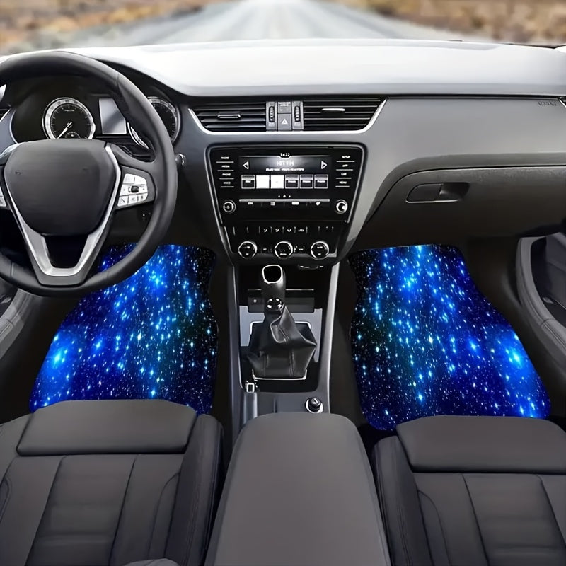 HighPeak blue galaxy car floor mats featuring vibrant starry pattern inside modern vehicle interior with black leather seats